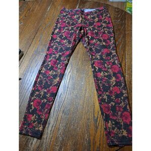 Medium Hue Floral Leggings Stretch Pants Jeggings Red Burgandy Tan Brown Black